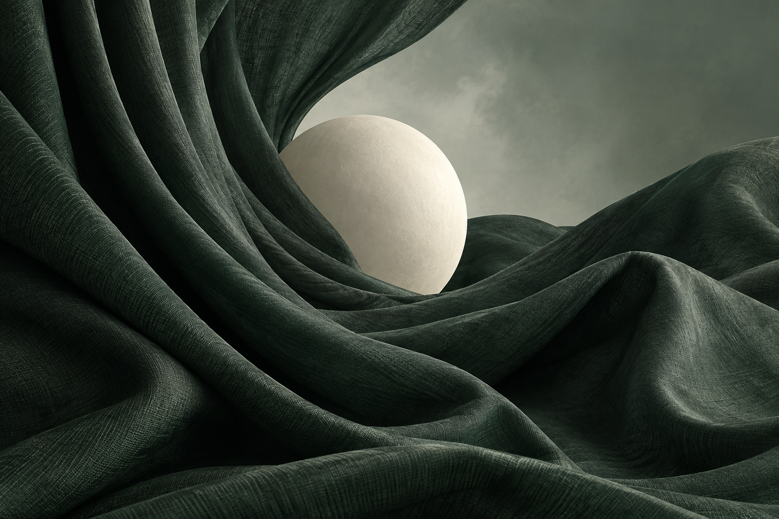 forest green architectural fabric folds with a single warm ivory sphere, avant-garde fashion editorial art, no products